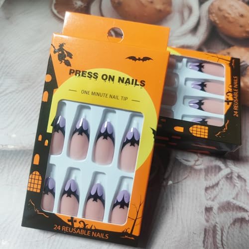 Halloween Bat Press on Nails for DIY Manicure Glossy Purple French Tips 24Pcs Acrylic Medium Almond False Nails Gel Glue on Nails Evil Bats Fake Nails Stick on Nails for Women Girls French Tips Design - Image 4