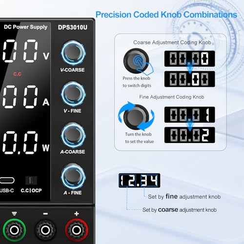 NANKADF Laboratory Power Supply 30V 10A, Variable DC Power Supply with USB A/Type C Fast Charging Port, Laboratory Power Supply with High Precision 4-Digit LED Display Transmitter Adjustment Button