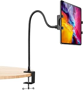 Gooseneck Tablet Holder Stand, enGMOLPHY Heavy-Duty Aluminum iPad Clamp, Flexible Arm Tablet Mount Clip for Bed, Compatible with iPad Mini Air Pro11/12.9 , Fire HD and More 4.7-14