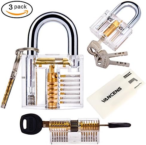 3-in-1 Practice Lock Set, Premium Transparent Cutaway Crystal Pin Tumbler Keyed Padlock, Lock Picking Practice Tools for Locksmith Beginner, Include 3 Common Types of Lock for LockPick Set by Vancens