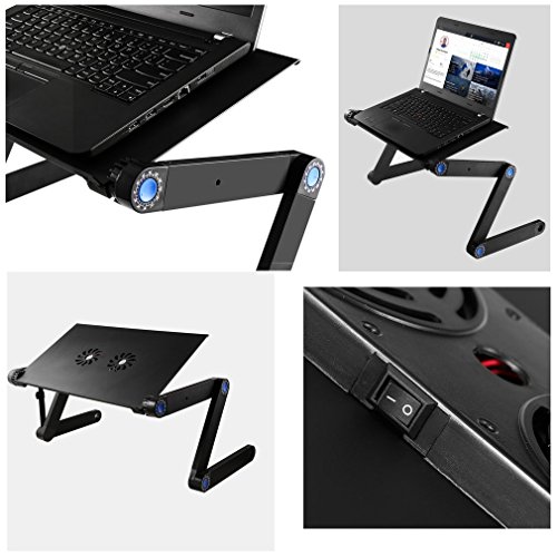 Portable Adjustable Laptop Table For Bed and Sofa w/2 CPU Fans and Mouse Pad, Aluminum Laptop Desk Stand Table Vented Ergonomic Macbook Desk Table TV Bed Lap Tray Vented Folding Stand Up/Sitting