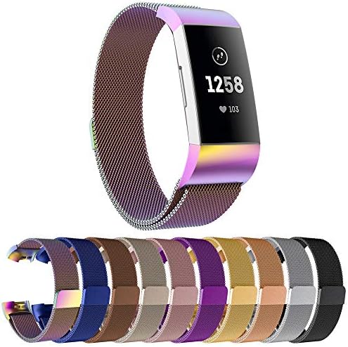 Replacement Compatible Fitbit Charge 3 Bands /Charge3 SE Metal Bands Wristband Accessory Magnetic Breathable Sport Bracelet Strap Small & Large for Women Men Silver Black 10 Colors JOY001