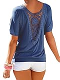 Women Sexy Blouse Loose Backless Hollow Lace T Shirt Tops Blue X-Large