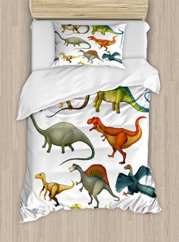 Ambesonne Dinosaur Twin Size Duvet Cover Set, Various Different Ancient Animals from Jurassic Period Cartoon Mammals Pattern, Decorative 2 Piece Bedding Set with 1 Pillow Sham, Multicolor