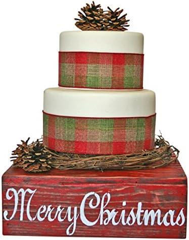 Rustic Christmas Cake Stand Holiday Decor Country Rustic Solid Wood Cake Cupcake Stand Cake Stand Candy Bar (12.0 x 12.0 x 4.0 inches, Christmas)