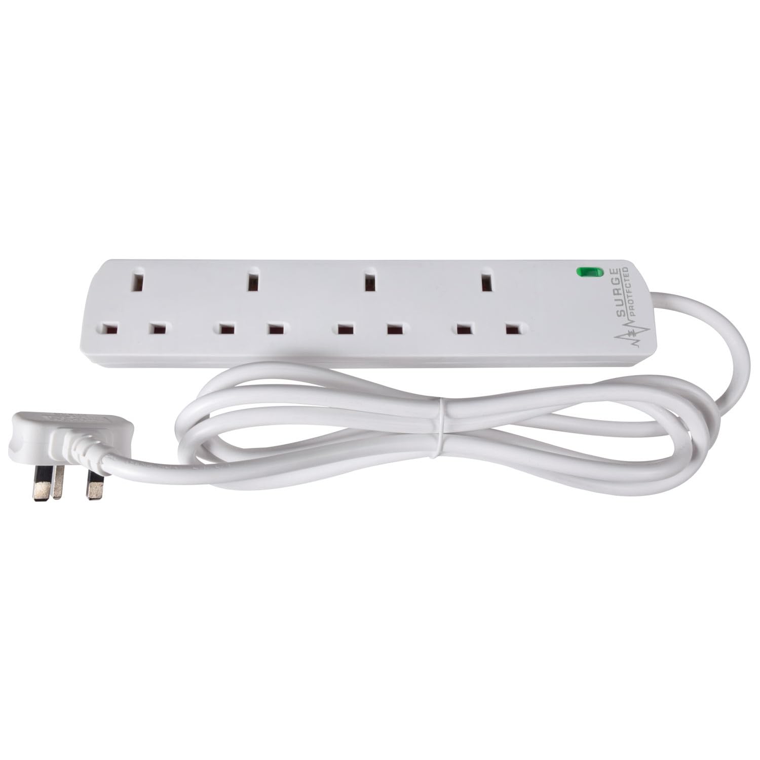 Mercury | 4 Gang Surge Protected Extension Lead 2 Metre | UK Plug Socket Power Strip | BS1363/A Certified | 13A Fused | Wall Mountable | White | Safety Electrical Cable Block for Home, Office