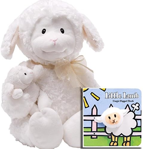 Plush Nursery Time Animated Stuffed Lamb, Head and Mouth Move while Saying Nursery Rhymes and Little Lamb Finger Puppet Book Set