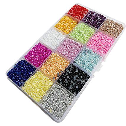Chenkou Craft 18000pcs Assorted 15 Colors Half Pearl Bead 3mm Flat Back Gem Scrapbook Craft DIY Beads + Plastic Box (Mix, 3mm) โ image 1