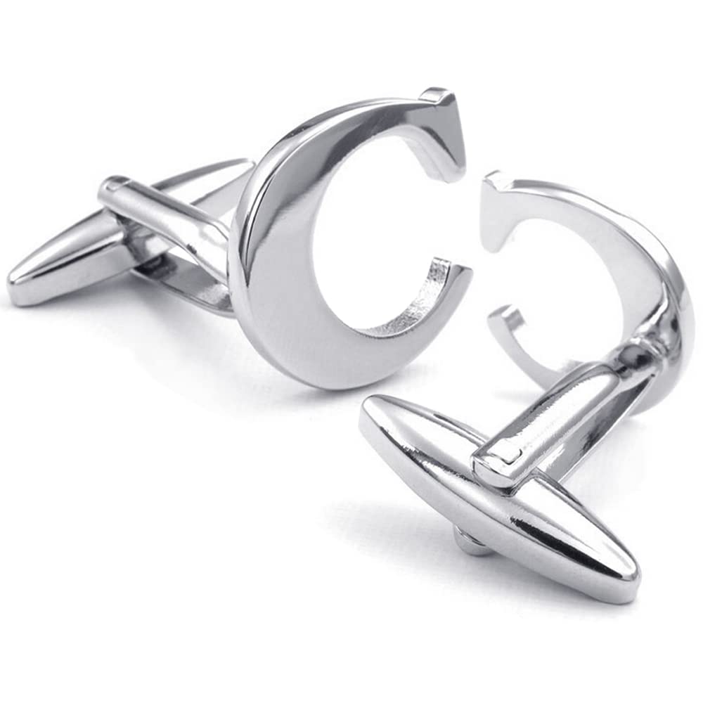 HONEY BEAR Mens Initial Alphabet Letter Silver White Steel Wedding Formal Business Cufflinks (C)