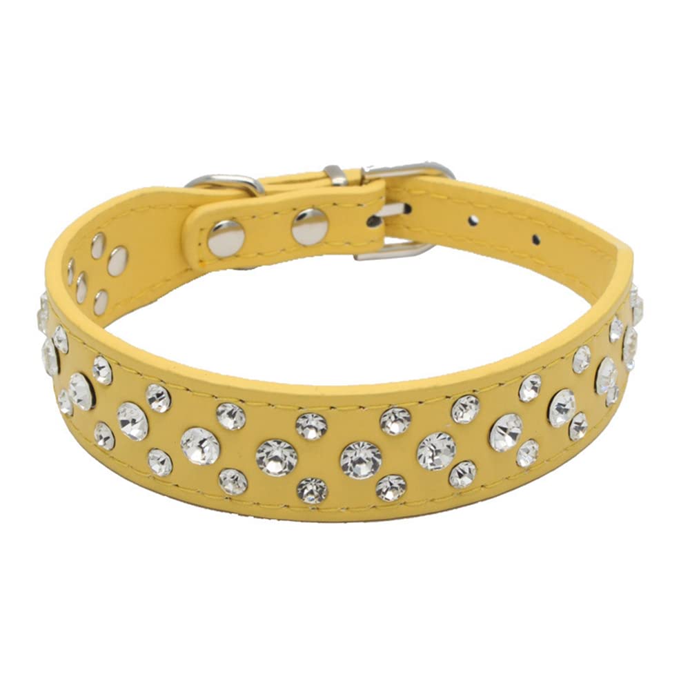 haoyueer Bling Rhinestone PU Leather Crystal Diamond Pet Dog Cat Puppy Collar S M L XL (M, Yellow)