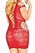 FIYOTE Women Crocheted Hollow Out Bodycon Lingerie Fishnet Mini Chemise Dress (One Size, Red)