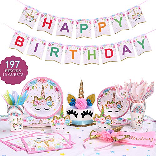 GONGYIHONG Unicorn Birthday Party Supplies Set, Serves 16, Colorful