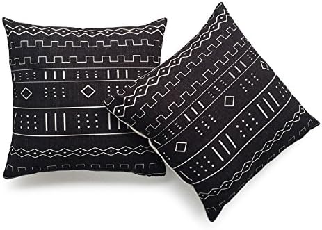 Hofdeco Store Decorative Throw Pillow Cover Heavy Weight Cotton Linen African Mud Cloth Ethnic Black Geo Stripe 18"x18" 45cm x 45cm Set of 2