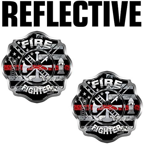 REFLECTIVE Firefighter"Thin Red line" Cross Hard Hat Stickers - 2 Pack #HH043-REF USA Helmet Vinyl Decal Tool box Fire Fighter Memorial