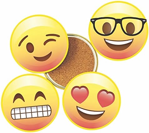 Funny Emoji Coasters, Glossy Finish, Nerd, Love, Teeth, &amp; Wink Faces, 3 Inches with Natural Cork Back, Made in USA, Novelty Set of 4 by Bazaar Encounters