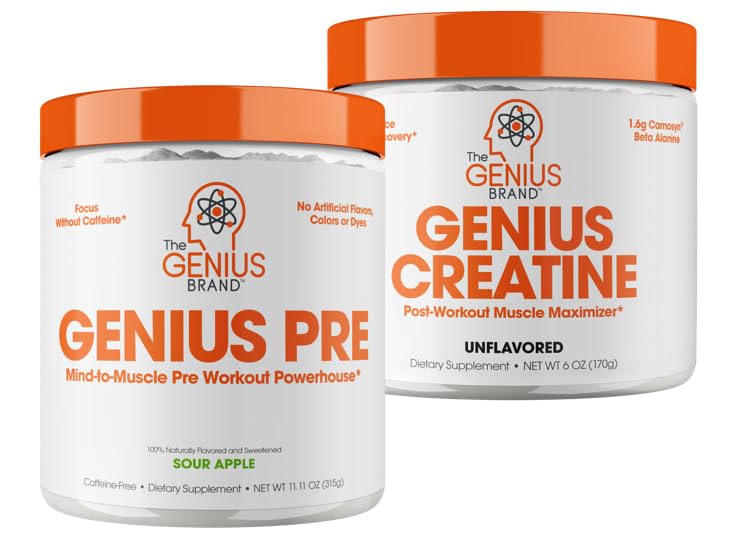Genius Pre Workout Powder, Sour Apple, and Genius Micronized Creatine Monohydrate Powder, Unflavored, All Natural Nootropic Pre Workout and Post Workout Supplement Stack
