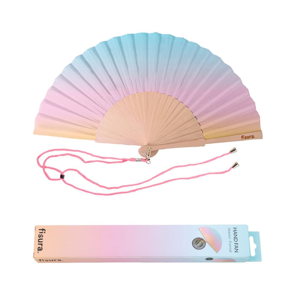 Fisura - Original Fan with Pink Gradient Pattern. Funny Wooden Fan. Blue and Pink Fan. Measurements: 42,5 x 23 centimetres. Materials: Wood and Textile.