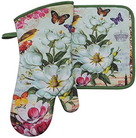 Future Sunshine Women's Flower Oven Mitts &amp; Pod holder, digital printing oven mitt and pot holder,100% cotton,Extra length for added protection. Quilted interior