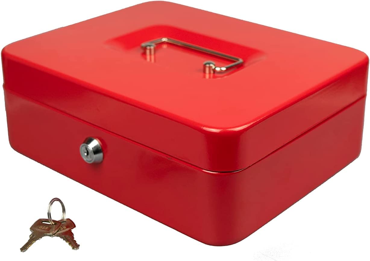 Hyfive® Steel Petty Cash Box With 2 Keys/Removable Change Tray For Perfect Secure Storage in Red 10"