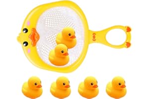 AIYUENCICI Bath Toy Baby Bathtub Duck Toy Set, 1 Pcs Ducky Animals Fishing Net with 6 Pcs Water Floating Sea Animals Duck Toys, Bathroom Floating Pool Fishing Play Set for Toddler Kids (Duck)
