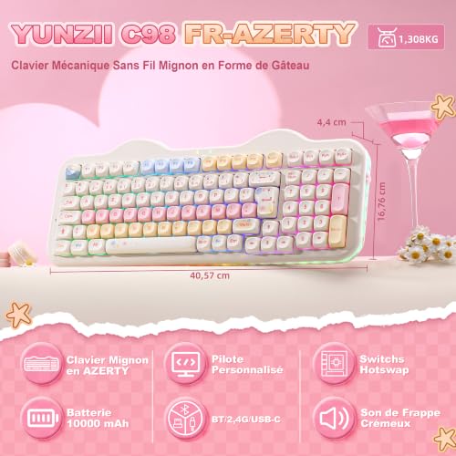 YUNZII C98 FR French AZERTY 100 Keys PBT Mechanical Wireless Gaming Keyboard with Numeric Keypad, Bluetooth/2.4GHz/USB‑C Wired, RGB, Gasket, Cake Theme for Windows/Mac (Beige, Milk V2 Switch)