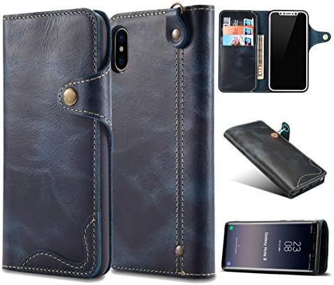 iPhone Xs Max Wallet Case,iPhone Xs Max Flip Case AKHVRS Soft Genuine Leather Wallet Handmade Case [Shockproof Soft TPU Case] Card Holder Slots with Wristlet for iPhone Xs Max - Blue