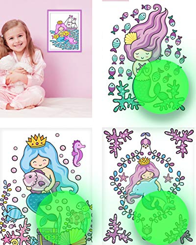 Mermaid Wall Decor, Glow in The Dark 4 Posters for Girls Bedroom,Glowing Pictures, Birthday Gift for for Little Kids Nursery, Toddlers, Room Decoration.