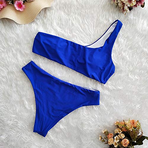 Mnyycxen Women Solid One Shoulder Sports Tankini Set Padded Bikini Swimwear Bathing Beachwear Blue