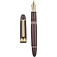 Yongsheng Junlai 630 Acrylic Fountain Pen, Size 8 Medium Nib with Piston Filling System, Wine Red Transparent Ink Tank Design Smooth Writing Pen (Gold Trim)