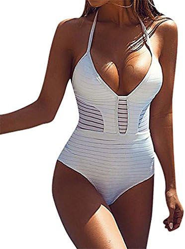 BKNY, Women's One Piece White Strappy Stripy Monokini Push Up Padded Bra, White L (Manufacturer size XL)
