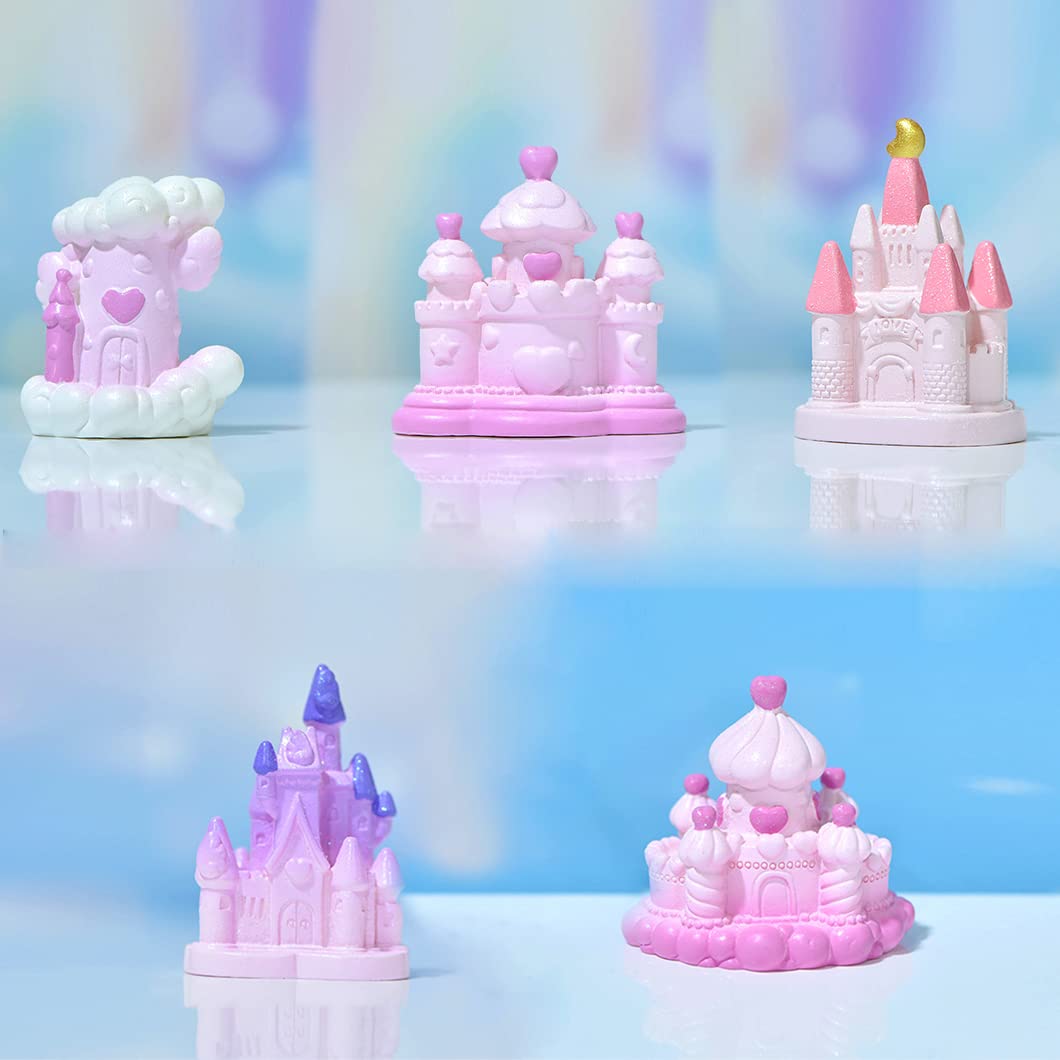 Rolin Roly 5Pcs Castle Miniature Figurines Fairy Tale Micro Landscape Mini Garden Ornaments Pink Resin House Decoration for Christmas Home Patio Office Decorations