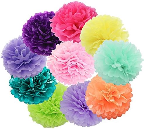 Daily Mall DIY Tissue Paper Flower 10pcs 8 inch 10 inch Decorative Hanging Flower Balls Craft Paper Pom Poms For Wedding, Baby Shower, Birthday, Party Decorations (Colorful)