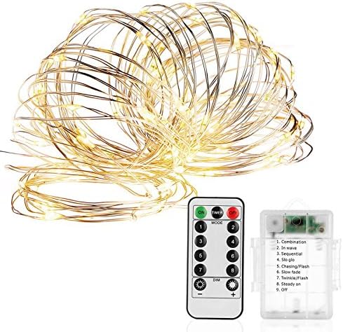 LED String Lights Battery Powered with Remote Control, 50 LED Waterproof Dimmable Fairy Light for Christmas Festival Wedding Bedroom Garden Party Decor(Silver Wire Warm White), 16.4ft