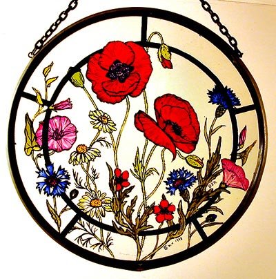 HENSITA Decorative Hand Printed Stained Glass Window Sun Catcher/Roundel in a Cornfield Flowers Design.