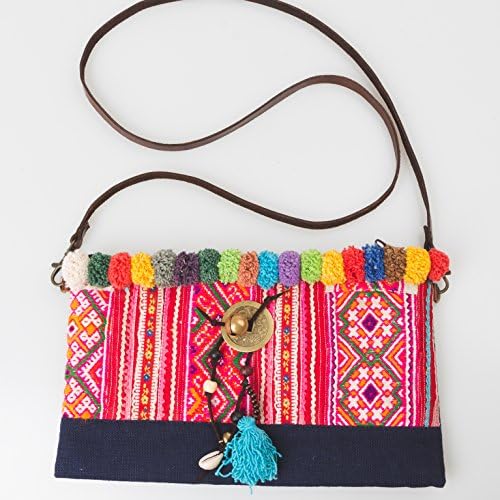 Changnoi Fair Trade Crossbody Bag for Women, Hmong Purse with Pom Pom, Ethnic Handbag from Thailand, Handcrafted Handbag for Women