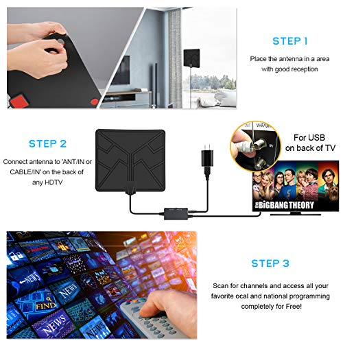[Newest 2019] Amplified Digital TV Antenna HD- Indoor Antenna, Long 80 Miles Range with Switch Amplifier Signal Booster, Support 1080P and Older TV's HDTV Freeview Channels- 16.5ft Cable/Adapter - Thumbnail 3