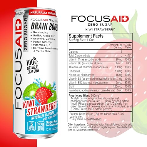 FOCUSAID ZERO SUGAR NOOTROPICS BLEND, ALPHA-GPC, GABA, 100MG NATURAL CAFFEINE FROM GREEN TEA, YERBA MATE, VITAMIN B-COMPLEX, KETO-FRIENDLY, NO ARTIFICIAL SWEETENERS, 12 FL OZ (PACK OF 12)