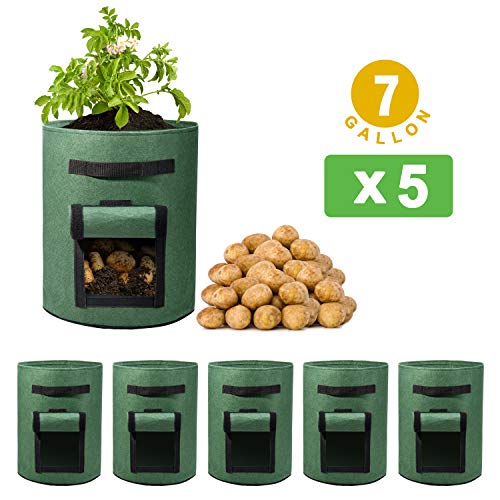Delxo 5 Pack 7 Gallon Potato Grow Bags Two SidesVelcro Window Vegetable Grow Bags, Double Layer Premium Breathable Nonwoven Cloth for Potato/Plant Container/Aeration Fabric Pots with Handles