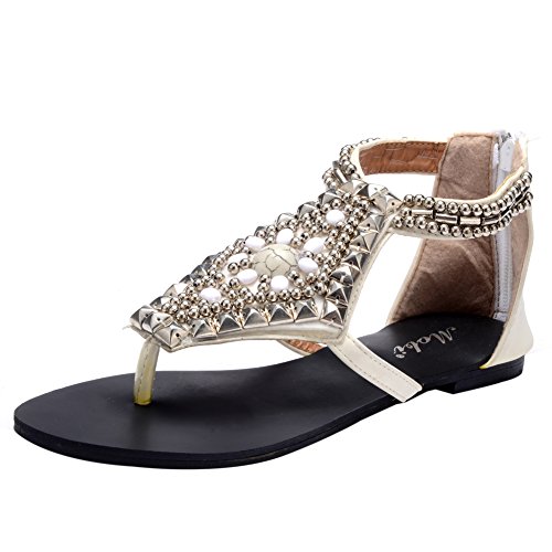 Odema Summer Bohemian Rhinestone Stud Beaded Flat Womens Beach Thong Sandals