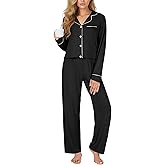 LYANER Women's Softest PJ Set 2 Piece V Neck Long Sleeve Button Down Sleepwear Lounge Pajama Sets