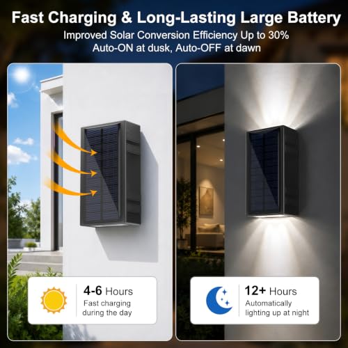 Lacasa Luz Solar Exterior de Pared, 2 Pack 2 Modos Luces Solares Apliques | 2 Colores en 1 (2700K/6500K), Impermeable IP65, Up & Down Iluminación Auto On/Off, LED Lampara Solar para Jardin Garaje Patio