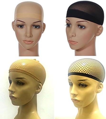 4 Pcs Unisex Stock Mesh / Net Wig Cap Hat Nylon Stretch Elastic Snood - Neutral Nude Beige and Black (4Pcs Mix Model)