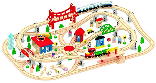 Kids Destiny Deluxe Wooden Railway Set with Vocal Sound and Lots of accessories (130+ pcs) - 100% Compatible with All Major Brands Including Thomas Wooden Railway System