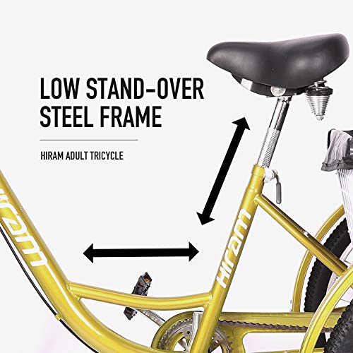 HIRAM Adult Tricycle, 24"/26" Wheels Trike with Low Step-Through Steel Frame, Front and Rear Fenders, Single Speed, Large Cruiser Seat, Water-Proof Bag and Rear Basket