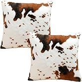 Entua Throw Pillow Covers Soft Faux Fur Pillow Cover Animal Cow Hide Cowhide Print Decor Accent Cushion Covers Farm Pillowcases for Couch Sofa Bedroom Living Room, 18x18, Brown White