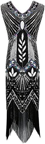 Urmine Women's 1920s Gatsby Cocktail Sequined Embellished Fringed Evening Beaded Flapper Prom Dress (L, Black-UR02)