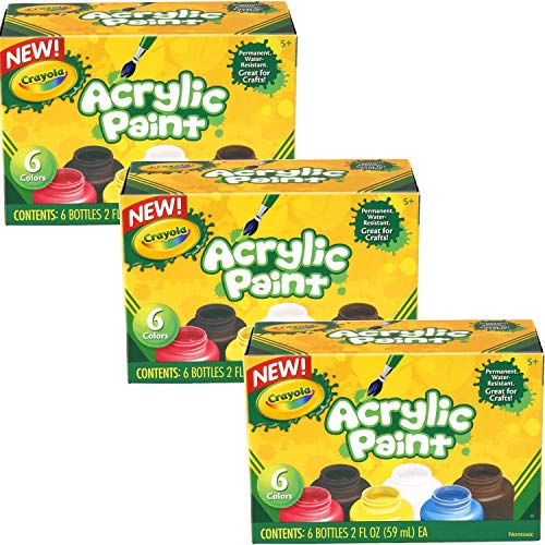 Crayola Acrylic Paint Art Tools 6 2-Ounce Bottles, Assorted Bright, Bold Colors (Pack of 3)
