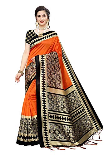 Art Silk Orange Printed Womens Saree With Tassels