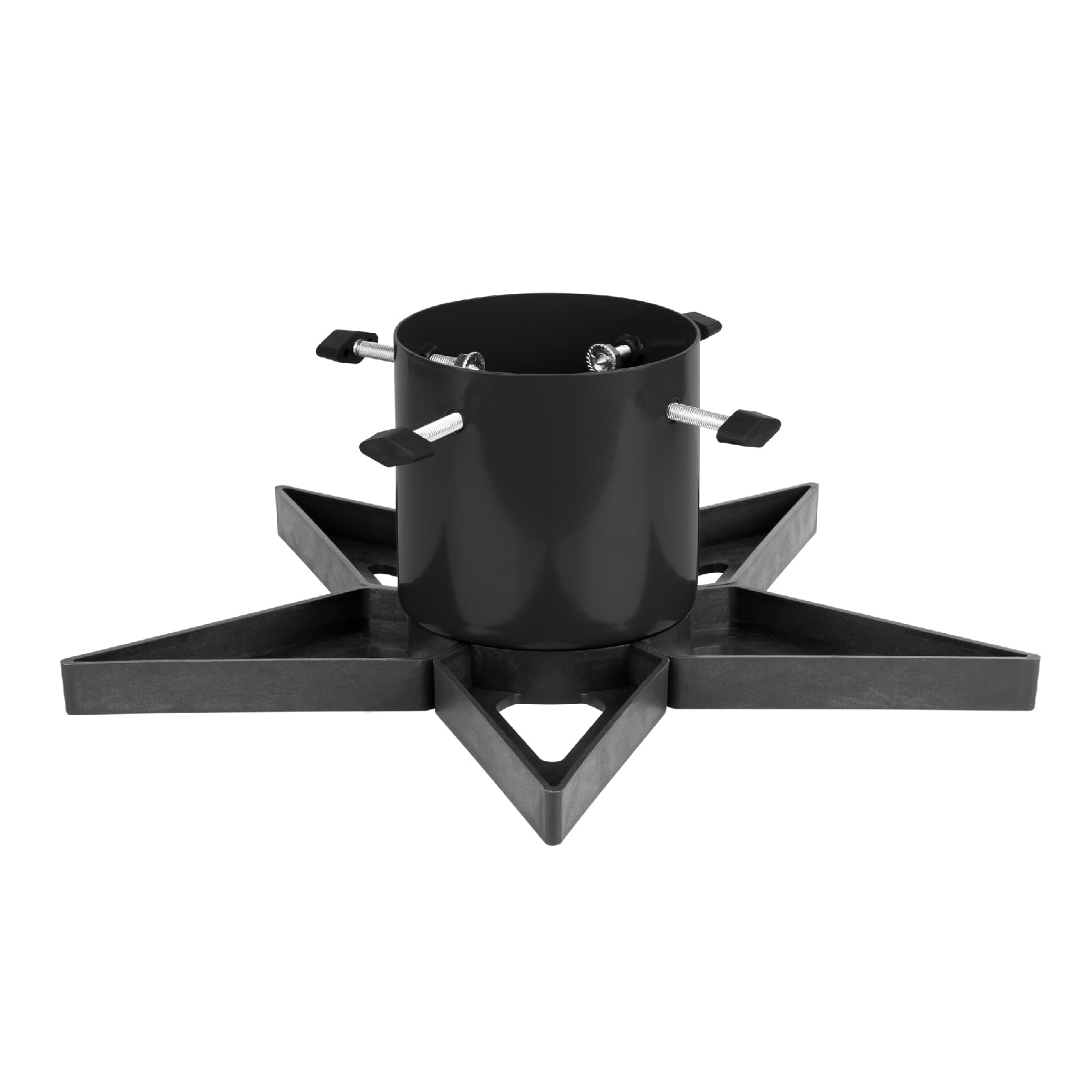 Star Design Christmas Tree Stand with Water Reservoir for Live Fir and Pine Trees, Stable Metal Base with Heavy Duty Plastic Legs, Fun and Colourful Holiday Decor, Adjustable Trunk Support - Black