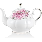 Sweejar Ceramic Teapot with Infuser, Floral Relief Gold Rimmed Teapot, 29 OZ Porcelain Tea Pot for Blooming and Loose Tea, Co